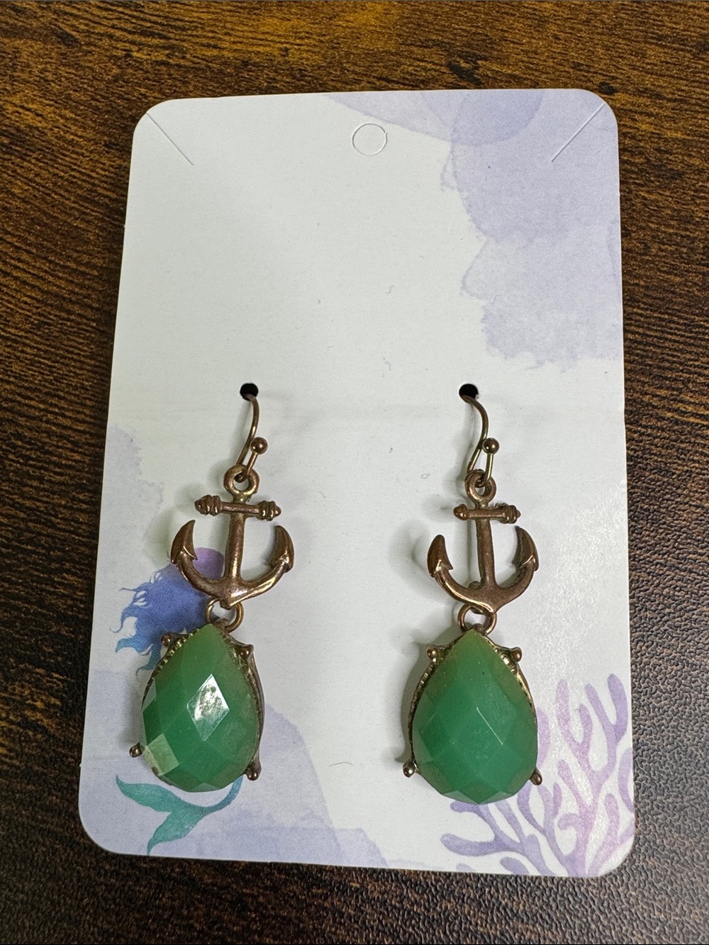 Hand Crafted Green Teardrop Anchor Dangle Earrings